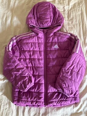 adidas Purple Kids Hooded Puffer Jacket with White Stripes